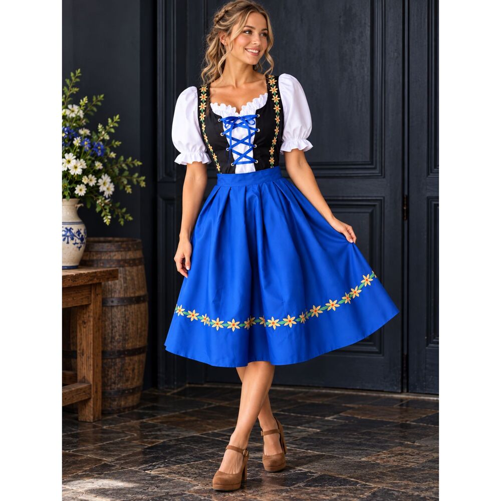 German Dirndl Blue Black Floral Lace-Up Bodice Detachable Apron Medium